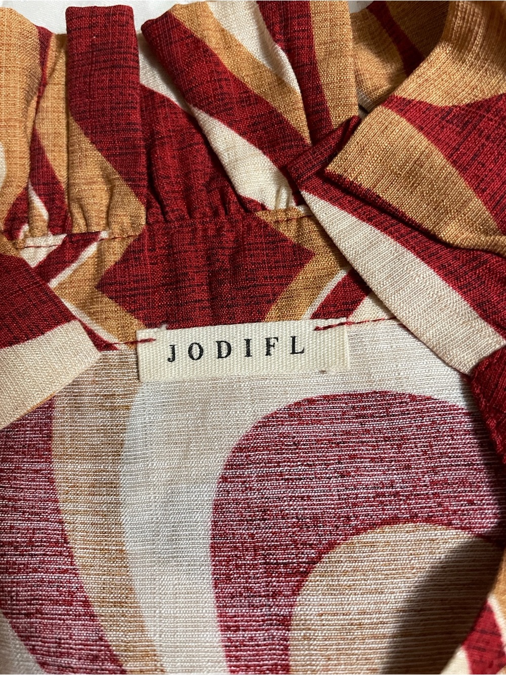 Jodifl Red and Cream Patterned Ruffle-Neck Blouse - Picture 7 of 9